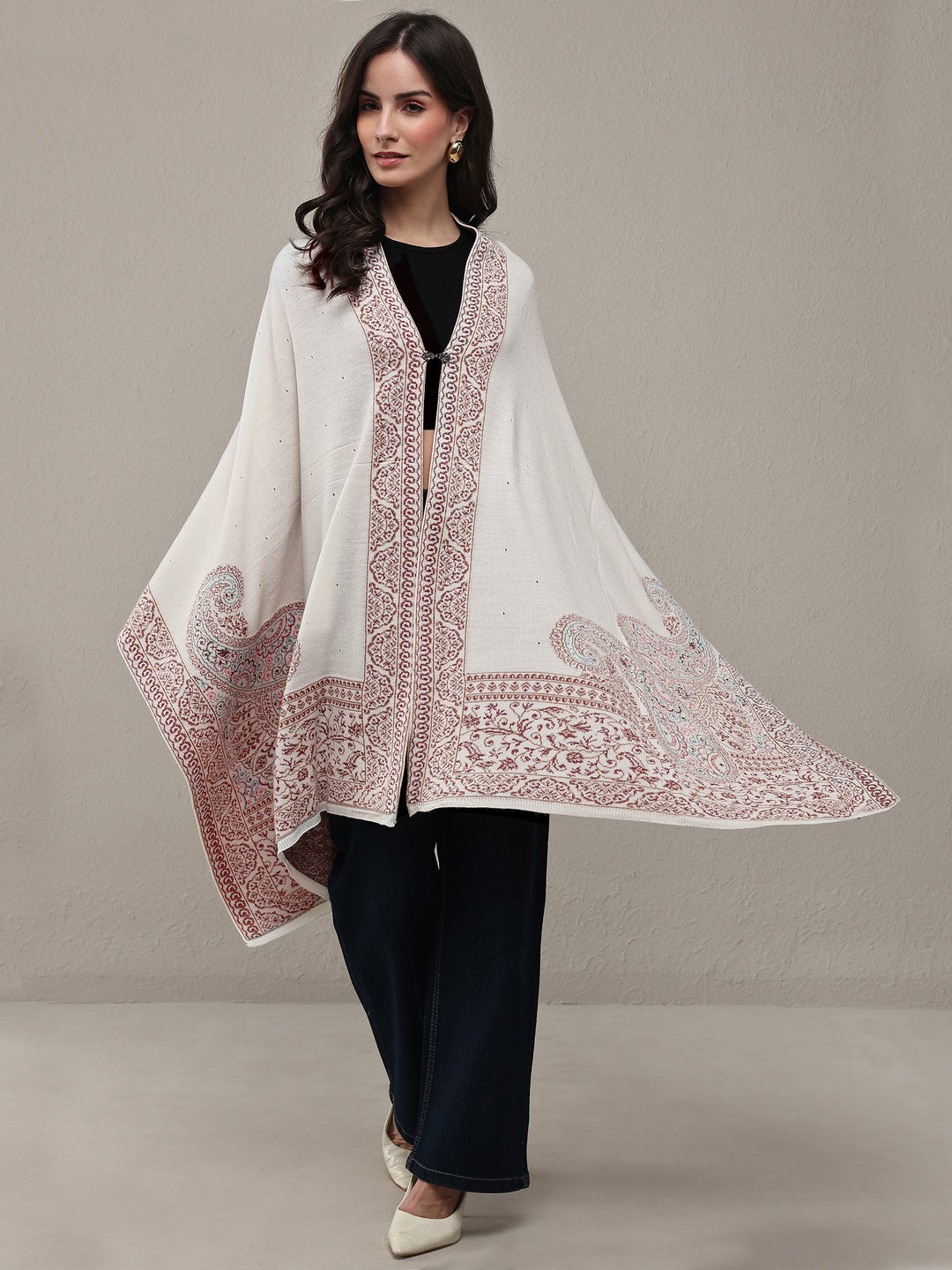 White Woven Design Wool Wrap Shawl