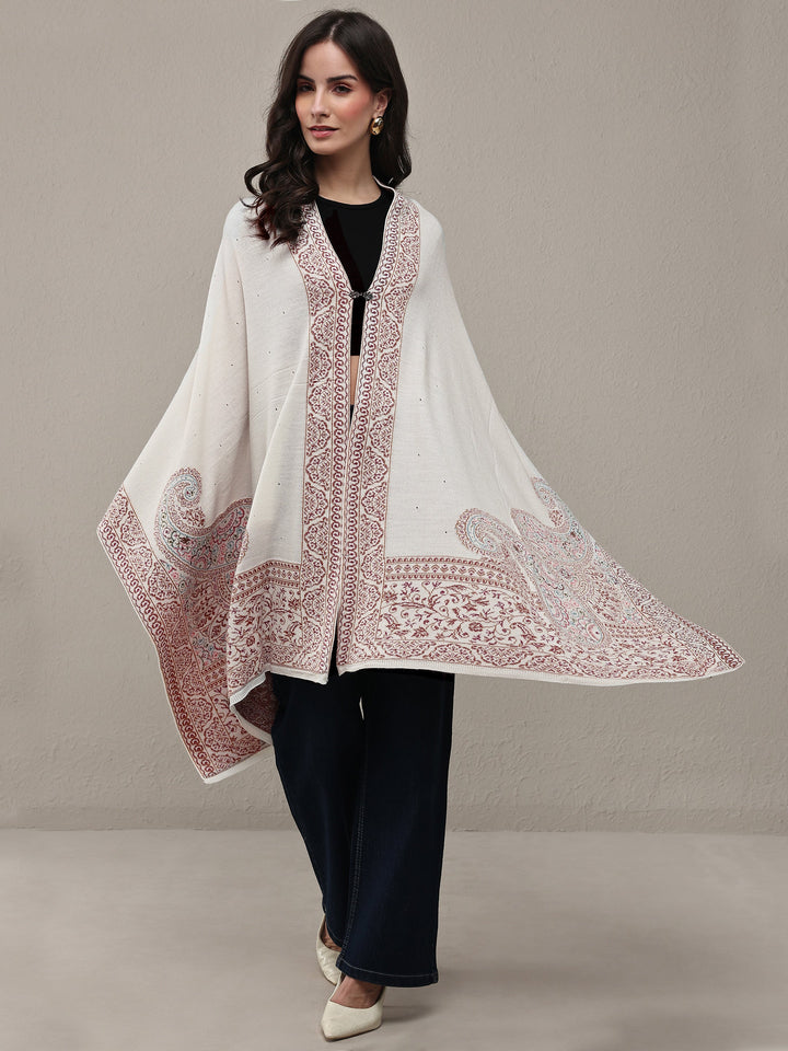 White Woven Design Wool Wrap Shawl