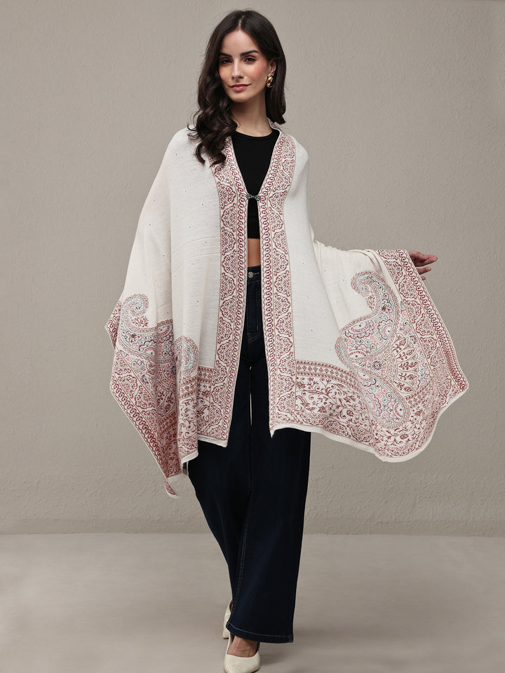 White Woven Design Wool Wrap Shawl