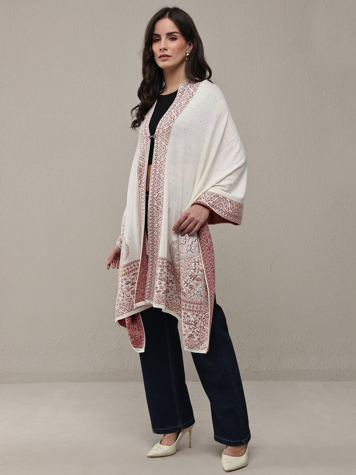 White Woven Design Wool Wrap Shawl