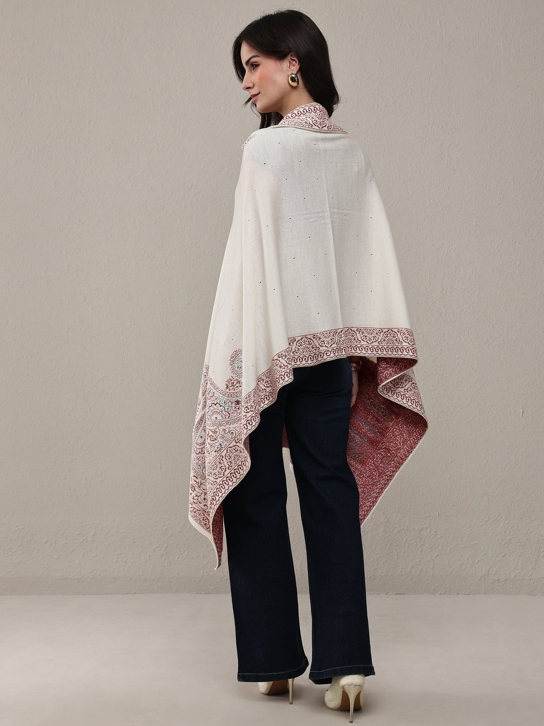 White Woven Design Wool Wrap Shawl