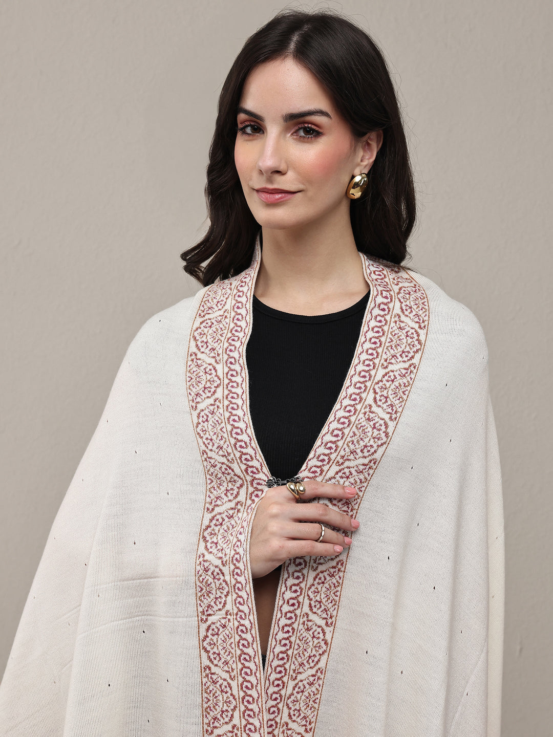 White Woven Design Wool Wrap Shawl