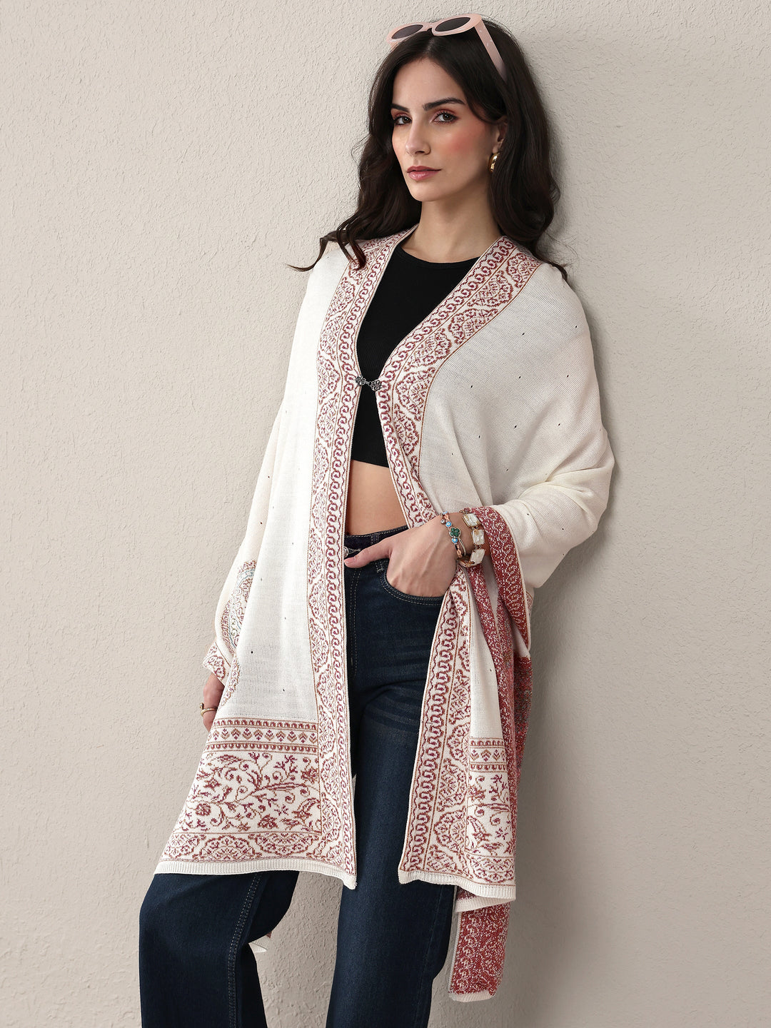 White Woven Design Wool Wrap Shawl