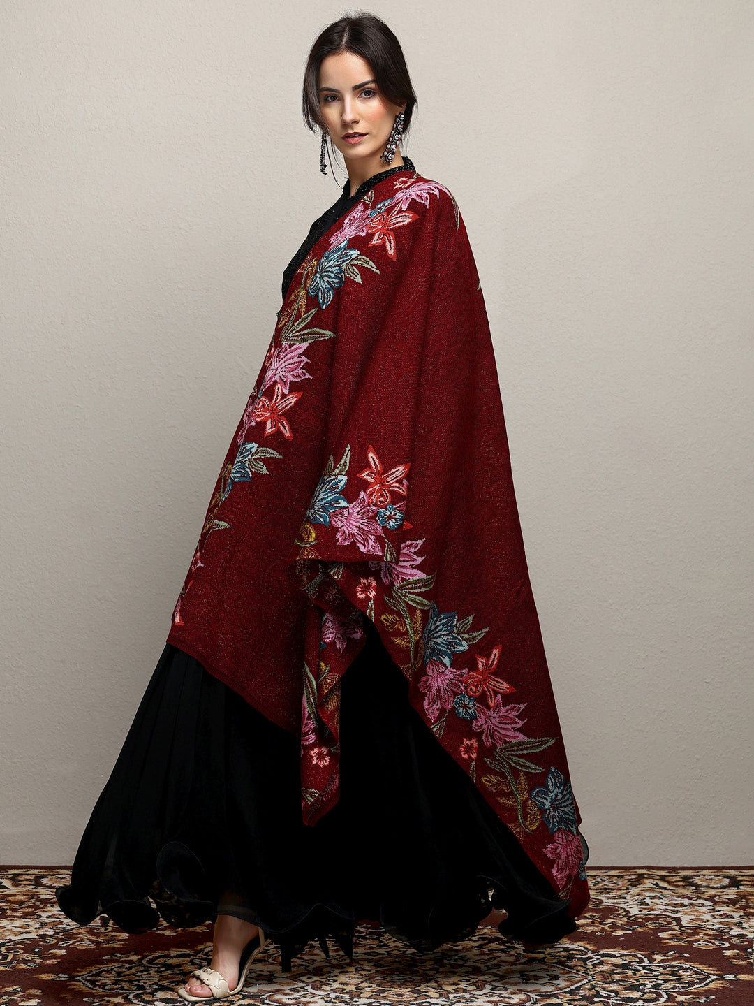 Maroon Woven Design Wool Wrap Shawl 