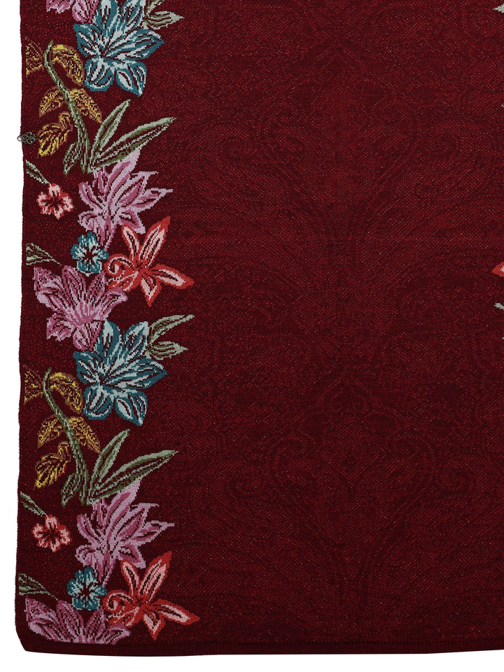 Maroon Woven Design Wool Wrap Shawl 