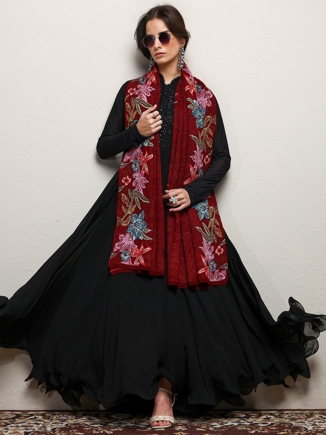 Maroon Woven Design Wool Wrap Shawl 