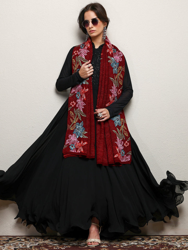 Maroon Woven Design Wool Wrap Shawl 