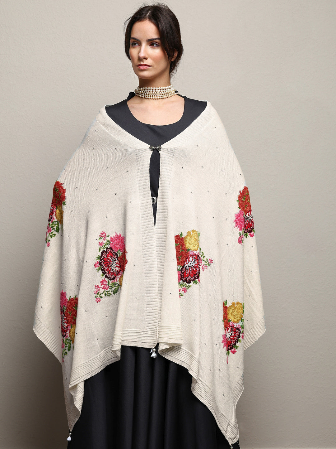 White Woven Design Wool Wrap Shawl 