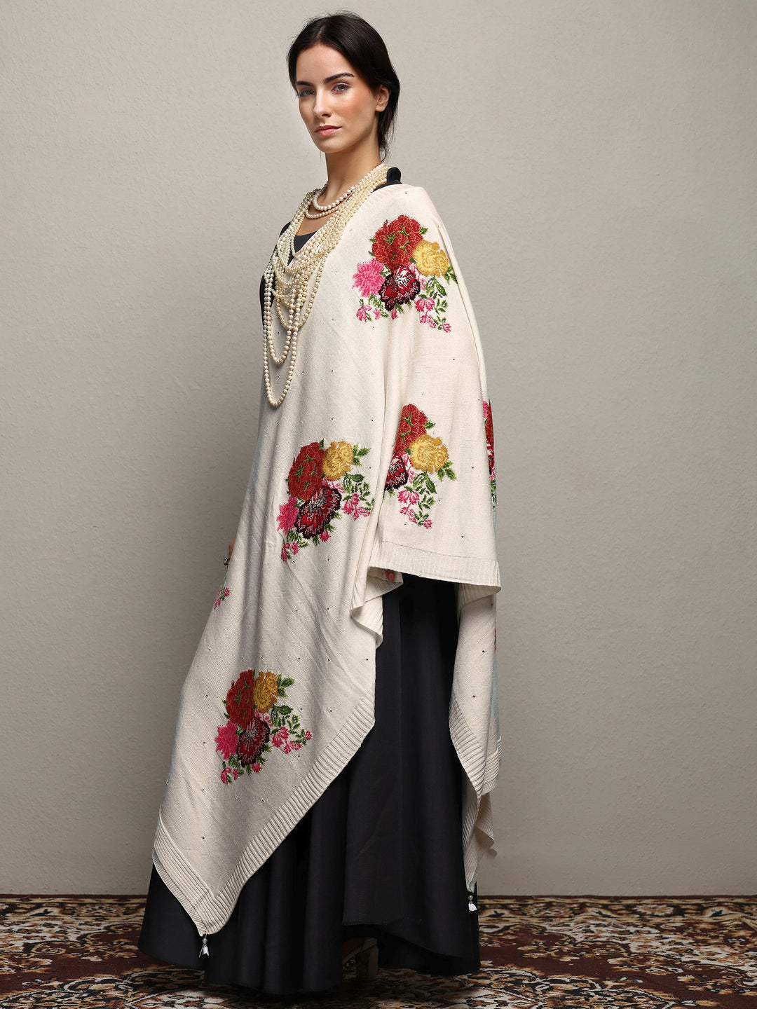 White Woven Design Wool Wrap Shawl 