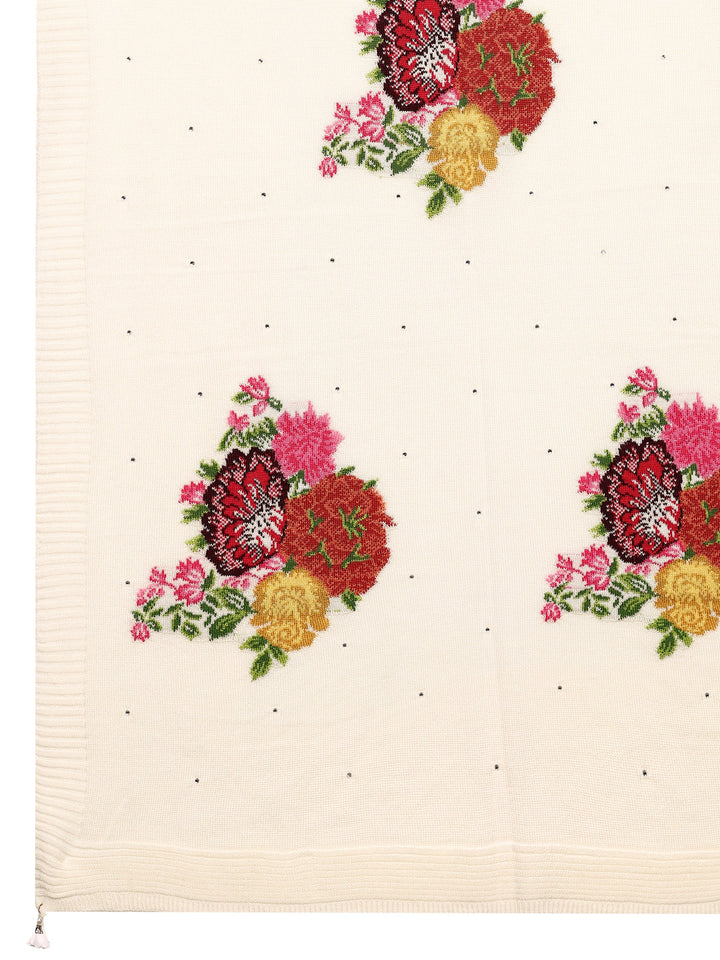 White Woven Design Wool Wrap Shawl 