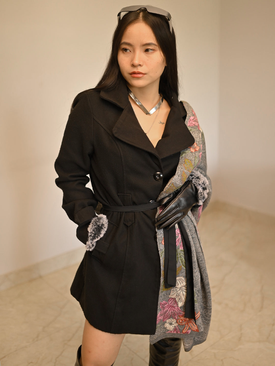 Grey Woven Design Wool Women'S Shawl