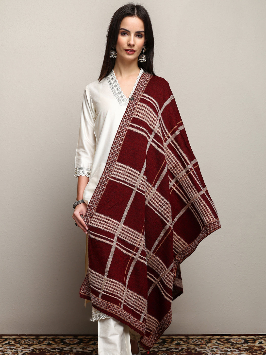 Maroon Woven Design Wool Women'S Shawl