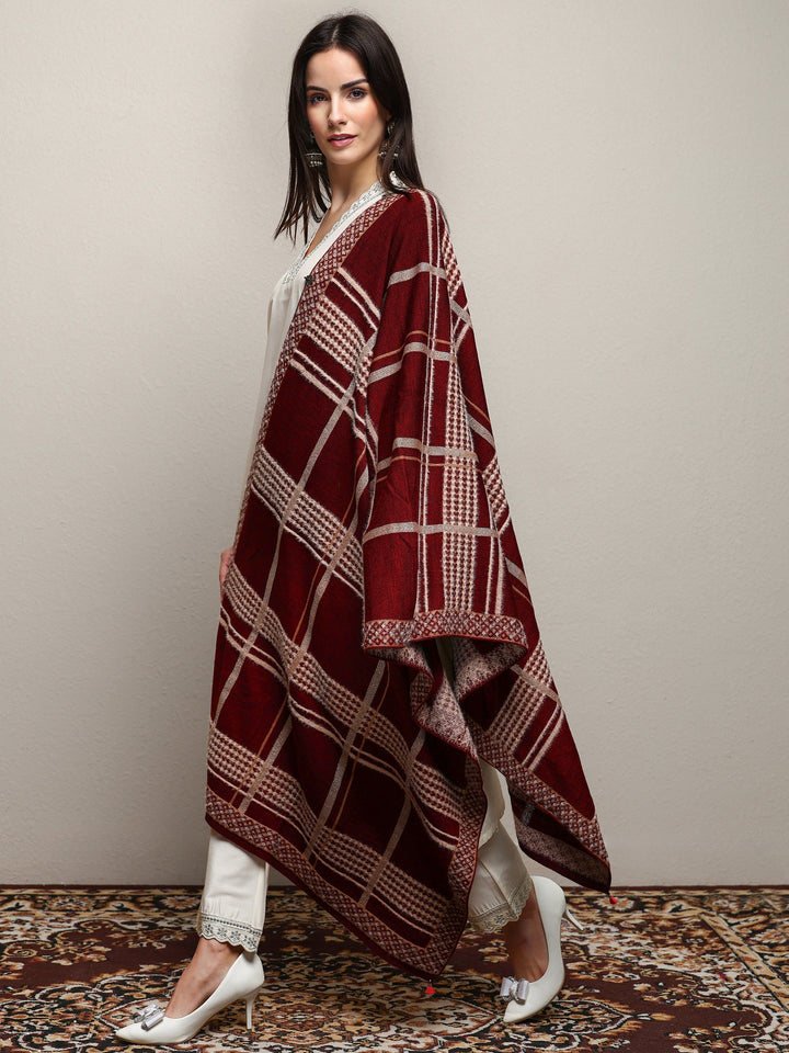 Maroon Woven Design Wool Women'S Shawl