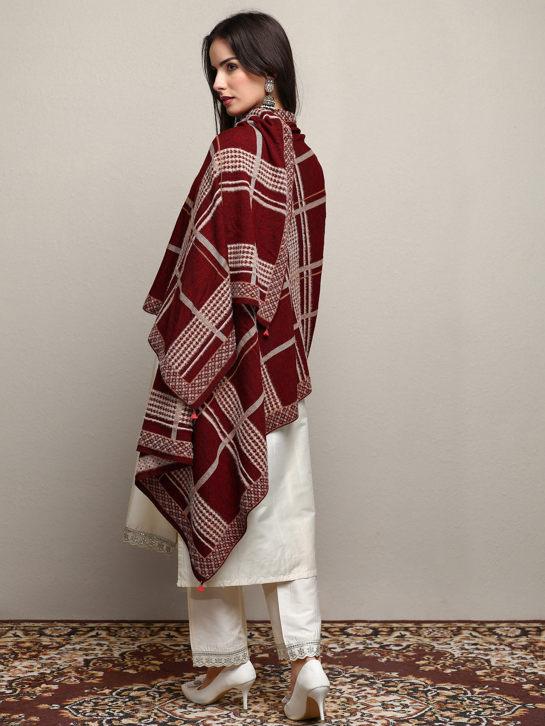 Maroon Woven Design Wool Women'S Shawl