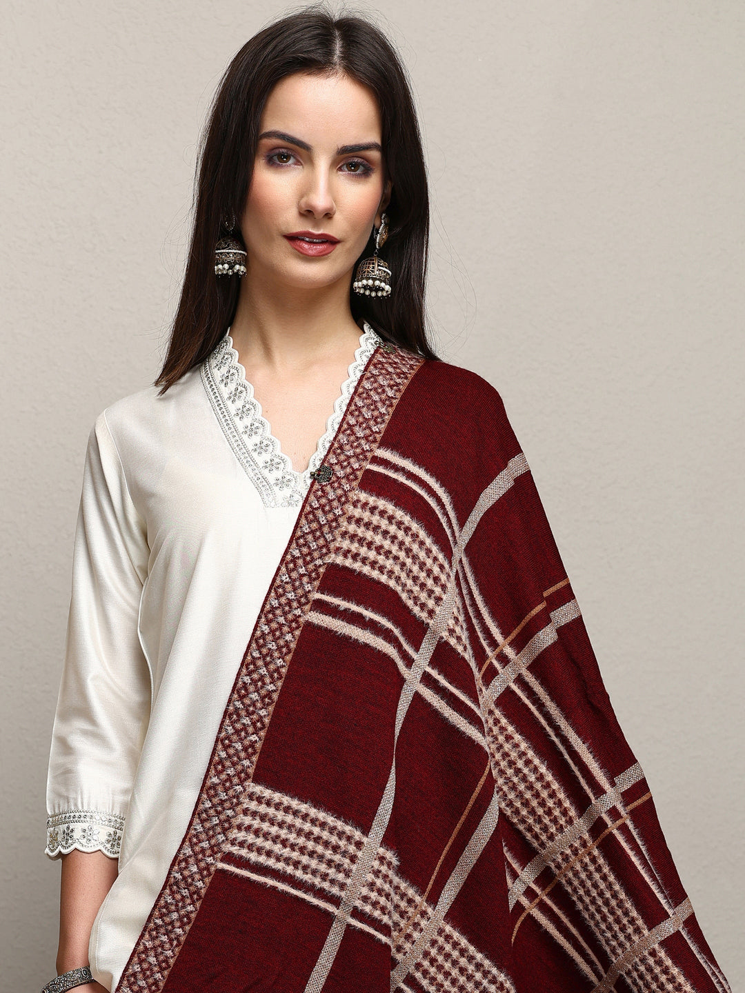 Maroon Woven Design Wool Women'S Shawl