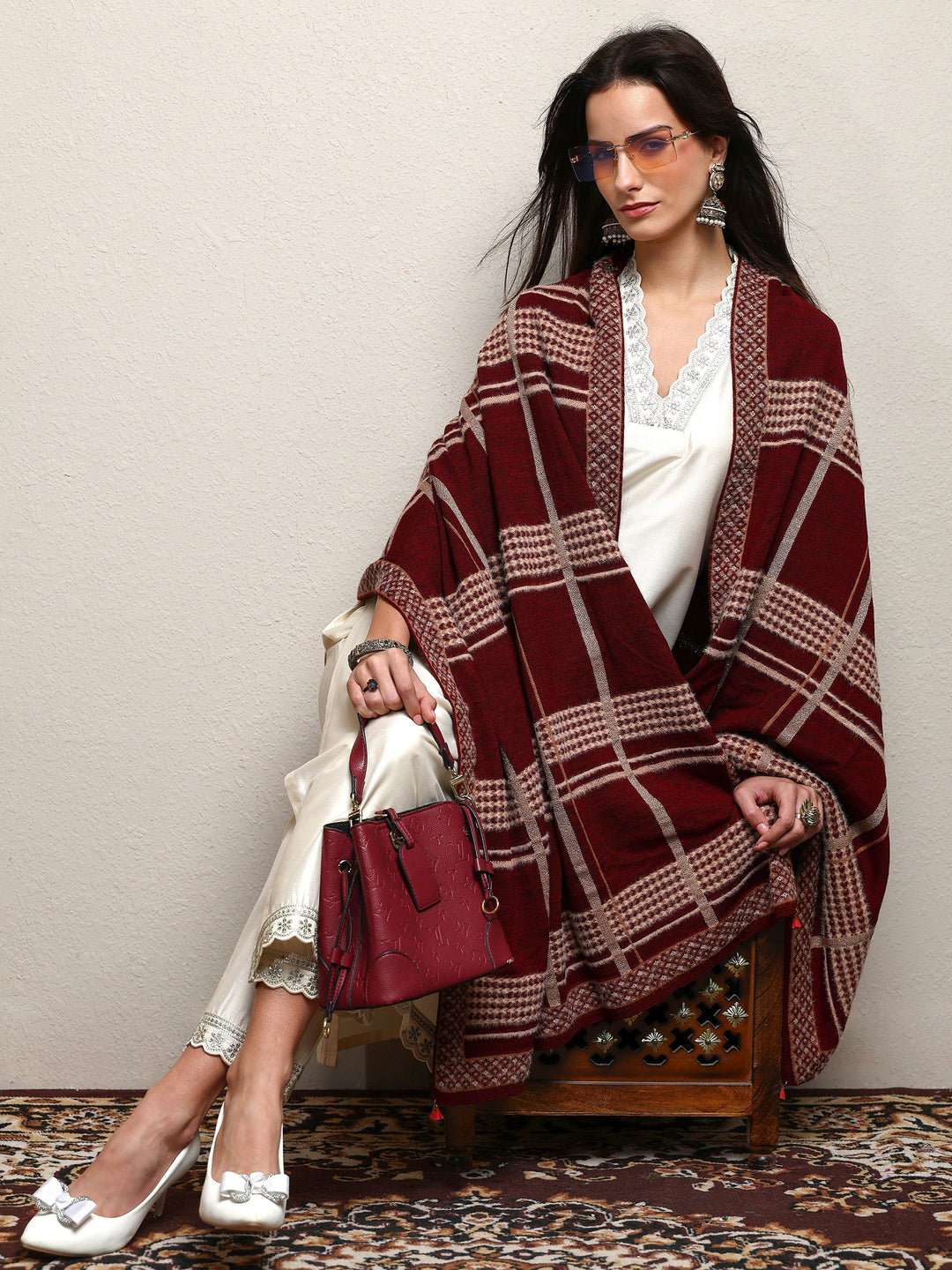 Maroon Woven Design Wool Women'S Shawl