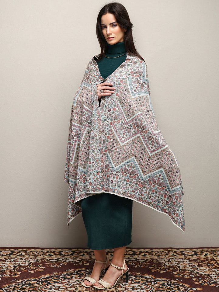 White Woven Design Wool Wrap Shawl 