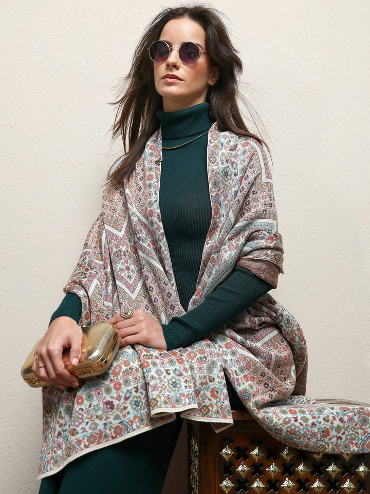 White Woven Design Wool Wrap Shawl 