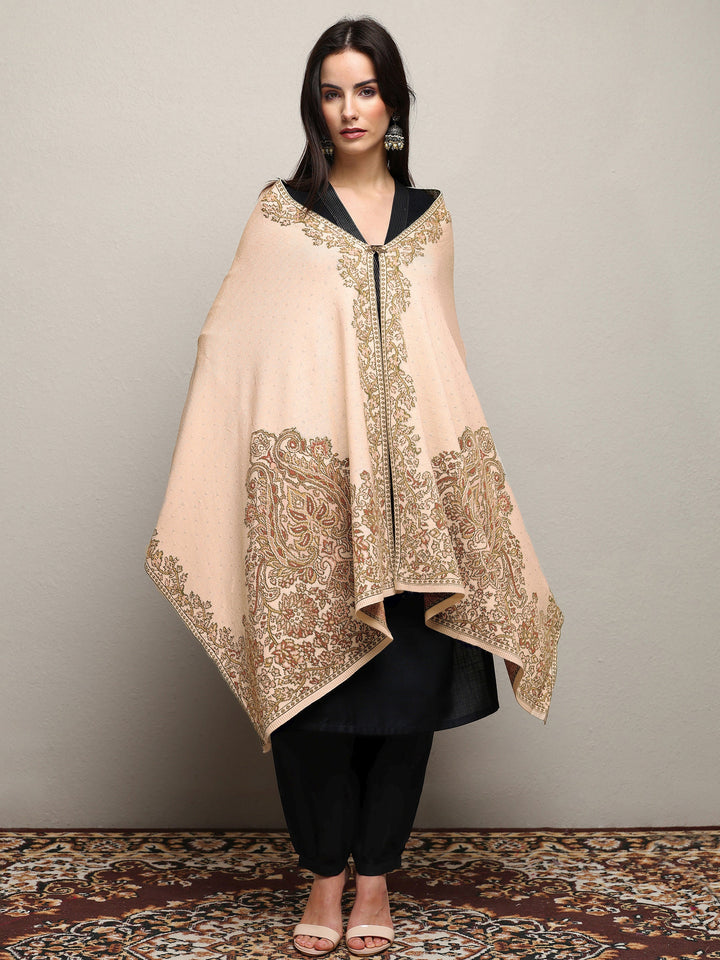 Cream Woven Design Wool Wrap Shawl 