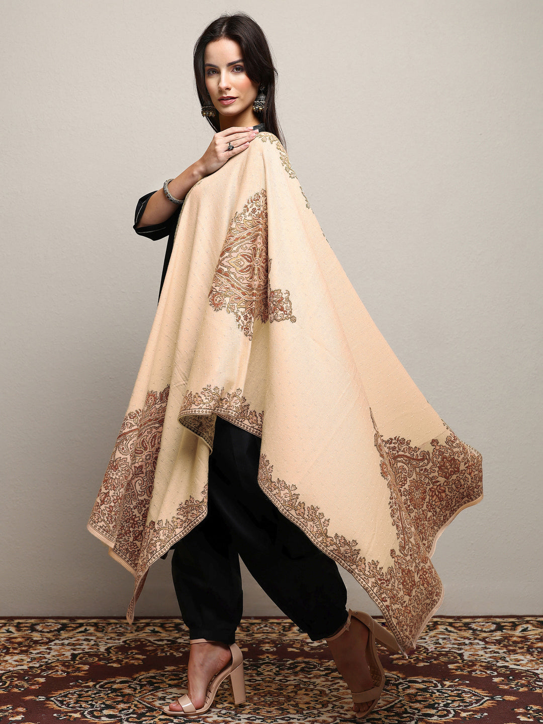 Cream Woven Design Wool Wrap Shawl 