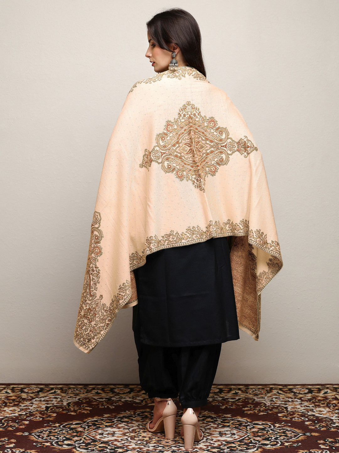 Cream Woven Design Wool Wrap Shawl 