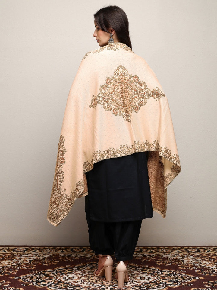 Cream Woven Design Wool Wrap Shawl 