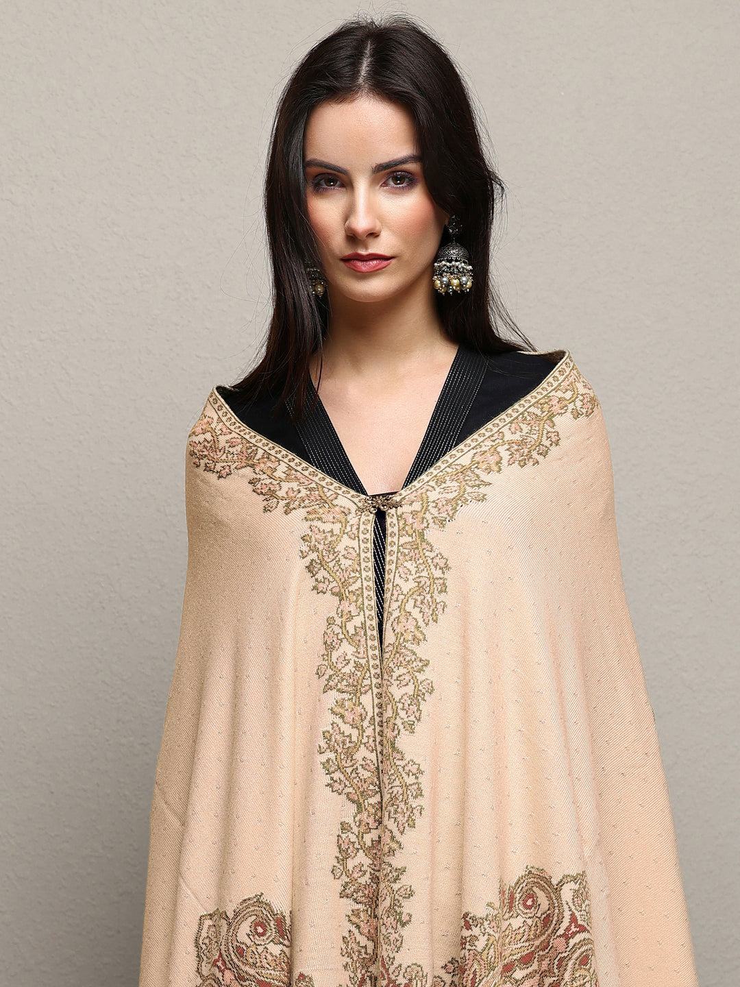 Cream Woven Design Wool Wrap Shawl 