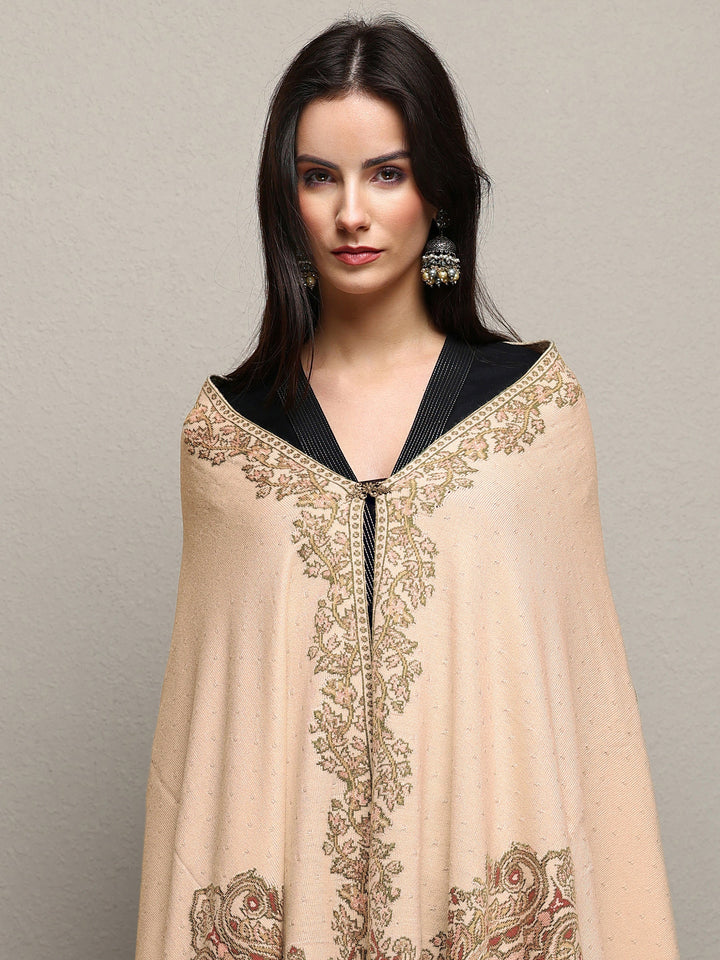 Cream Woven Design Wool Wrap Shawl 