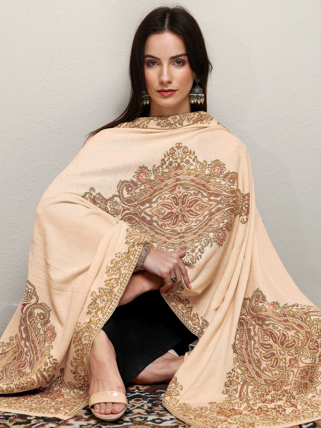 Cream Woven Design Wool Wrap Shawl 