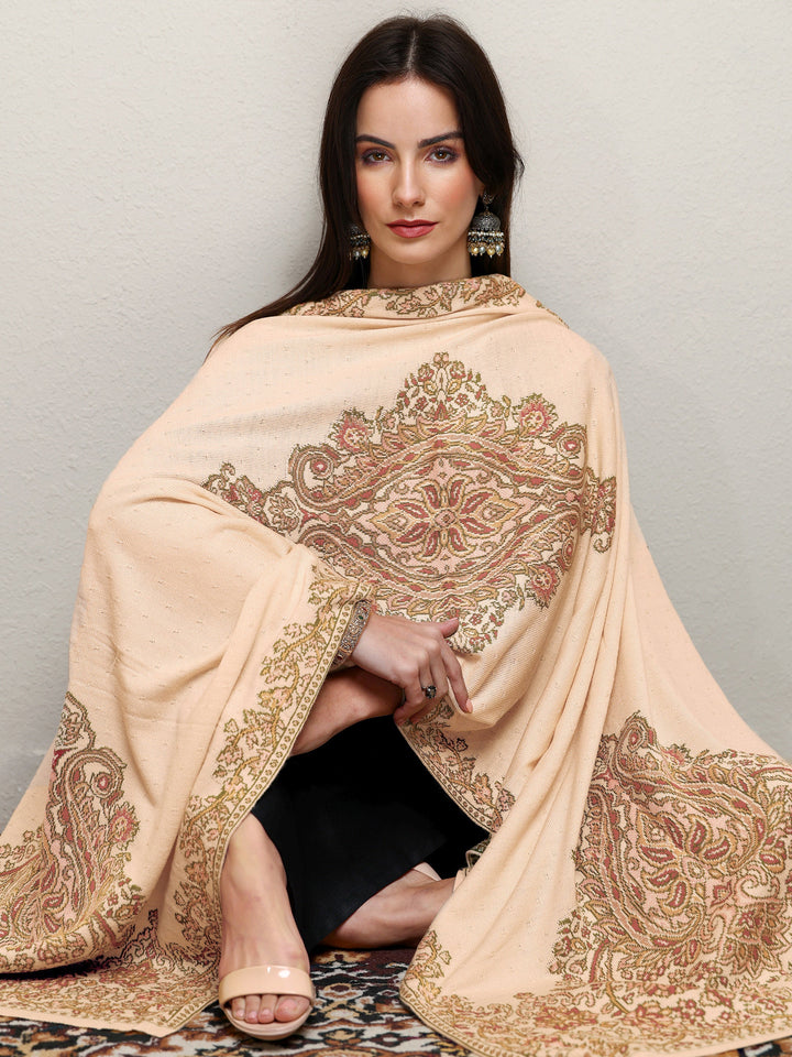 Cream Woven Design Wool Wrap Shawl 