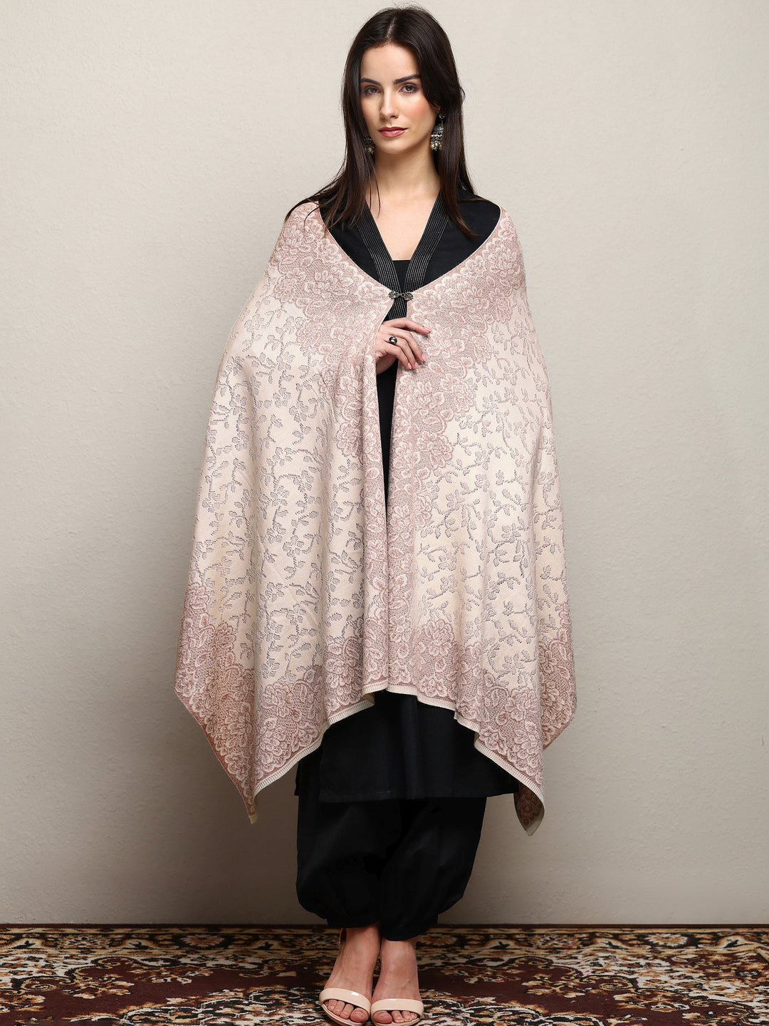 Off White Woven Design Wool Wrap Shawl 