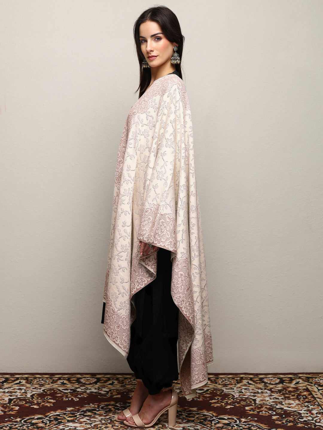 Off White Woven Design Wool Wrap Shawl 