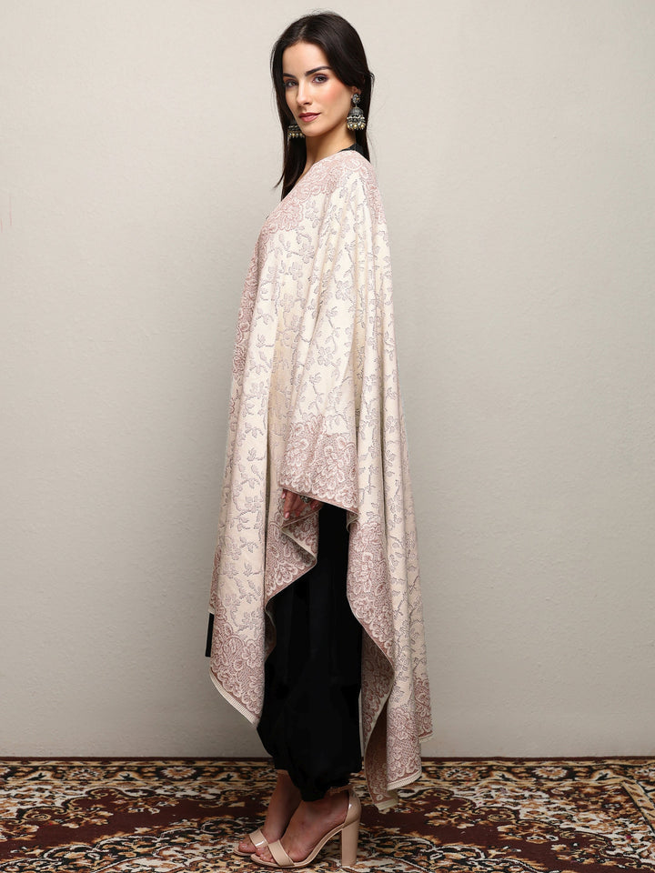 Off White Woven Design Wool Wrap Shawl 