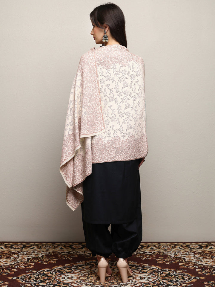 Off White Woven Design Wool Wrap Shawl 