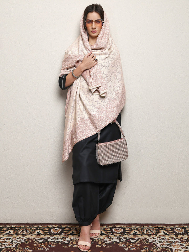 Off White Woven Design Wool Wrap Shawl 