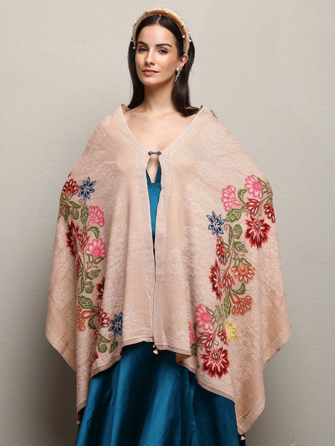 Beige Woven Design Wool Wrap Shawl 