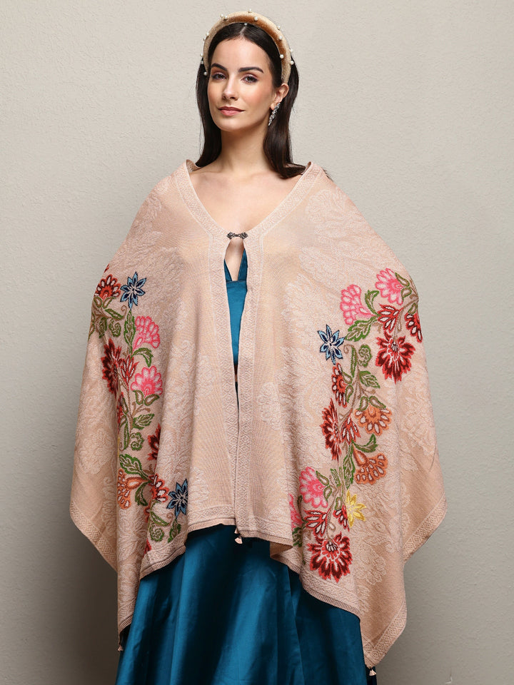 Beige Woven Design Wool Wrap Shawl 