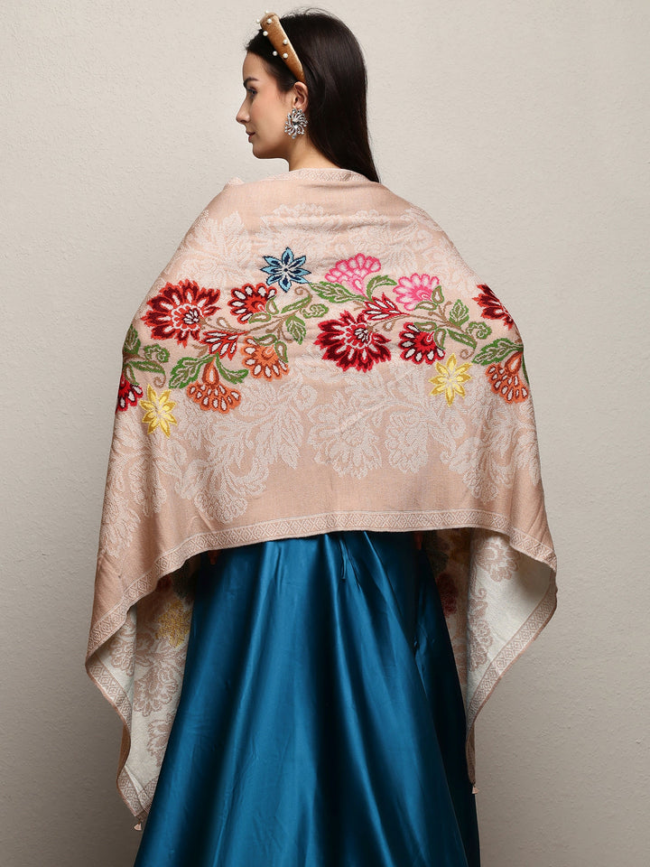 Beige Woven Design Wool Wrap Shawl 