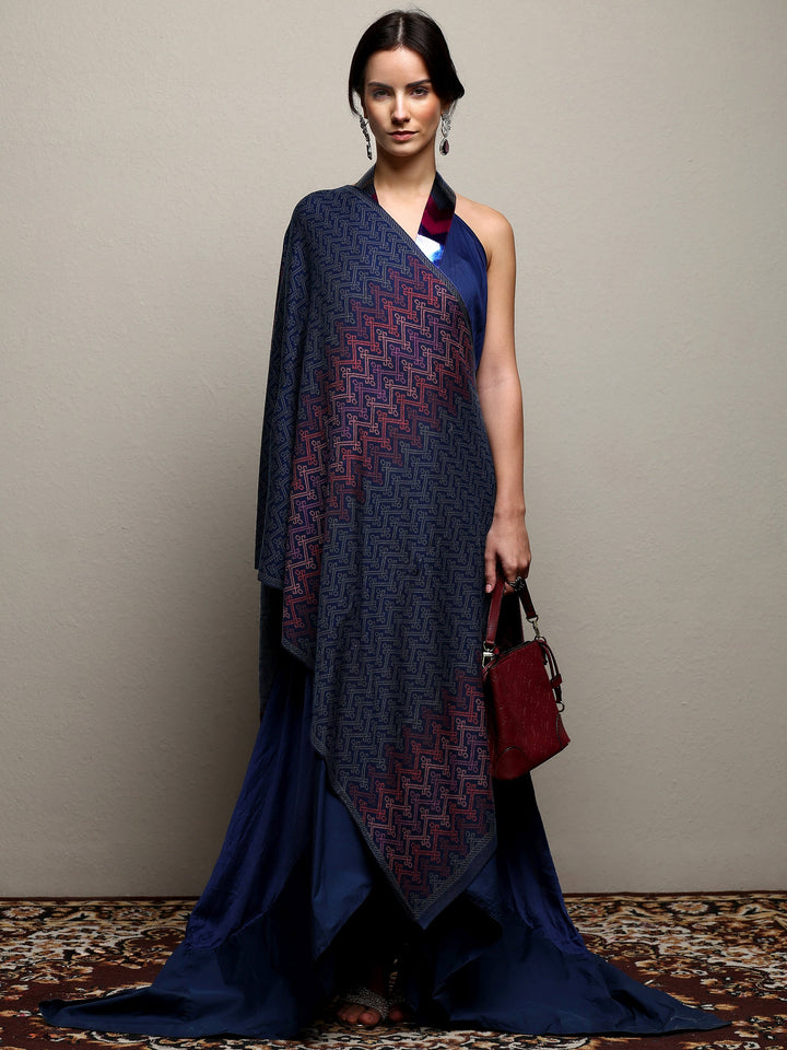 Blue Woven Design Wool Women'S Shawl