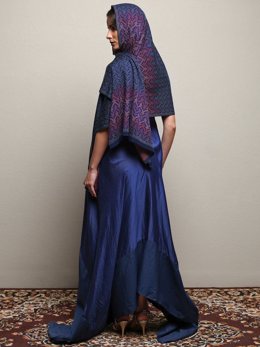 Blue Woven Design Wool Women'S Shawl