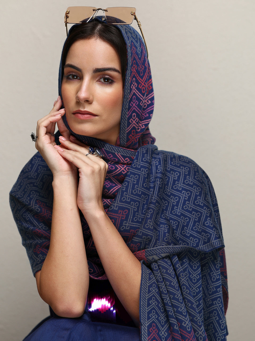 Blue Woven Design Wool Women'S Shawl
