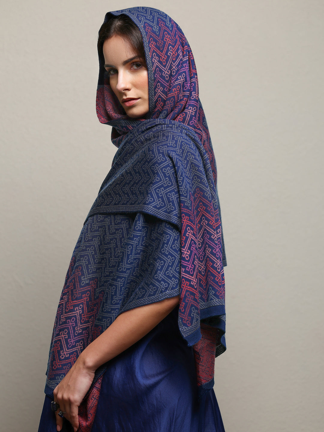 Blue Woven Design Wool Women'S Shawl