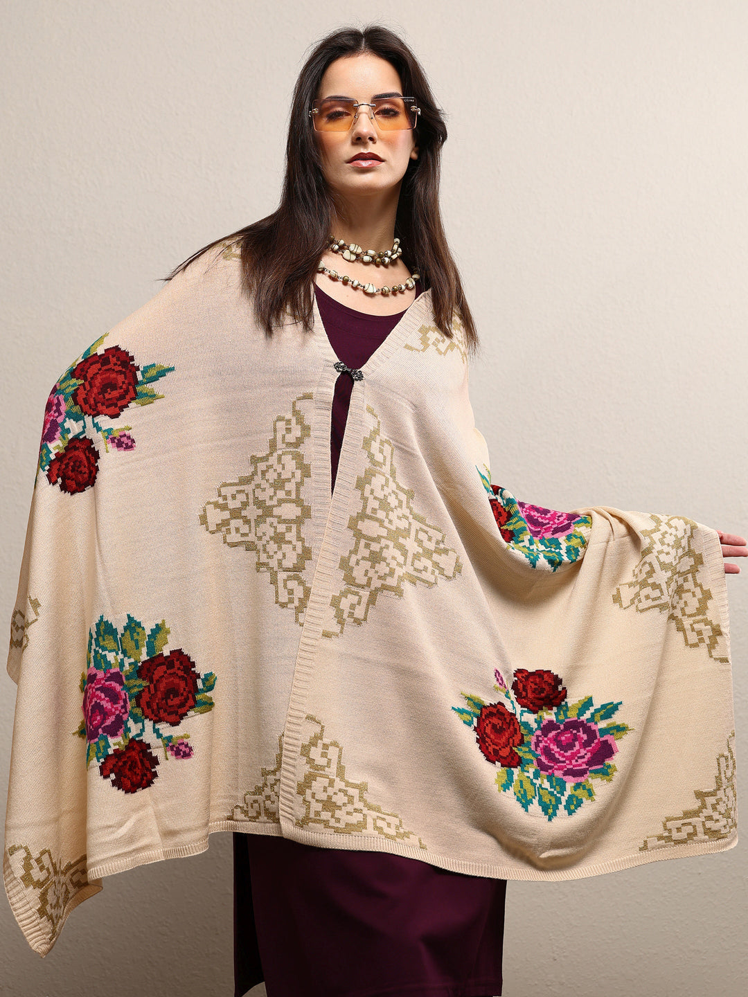 Beige Woven Design Wool Wrap Shawl 