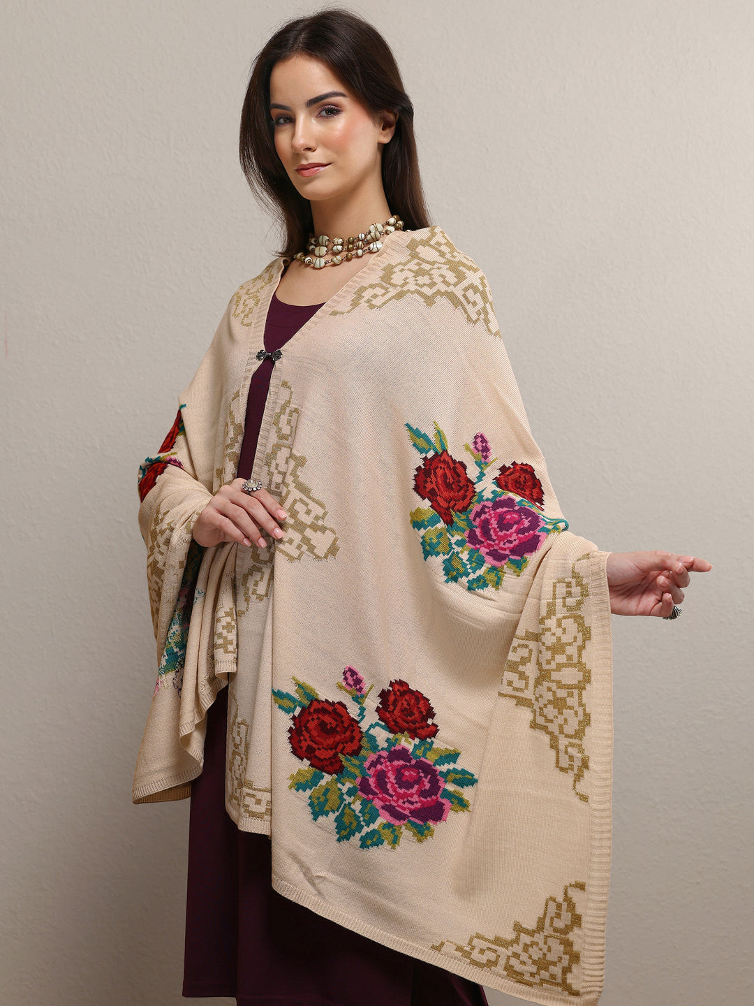 Beige Woven Design Wool Wrap Shawl 