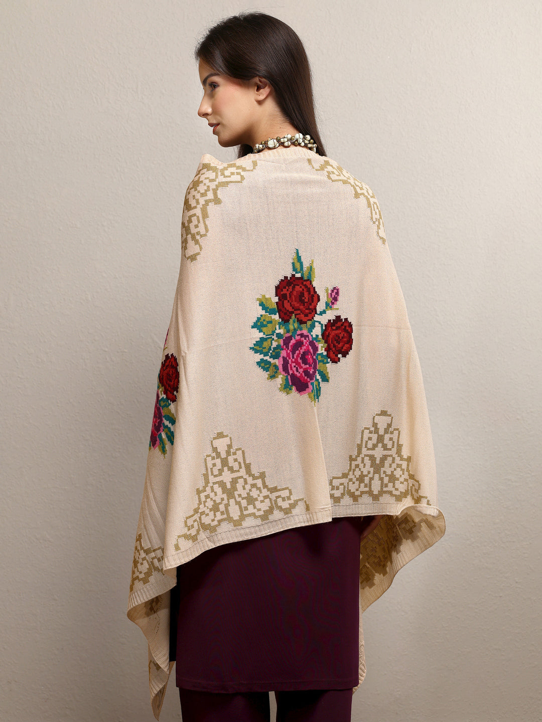 Beige Woven Design Wool Wrap Shawl 