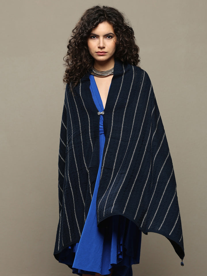 Navy Blue Woven Design Wool Women's Shawl