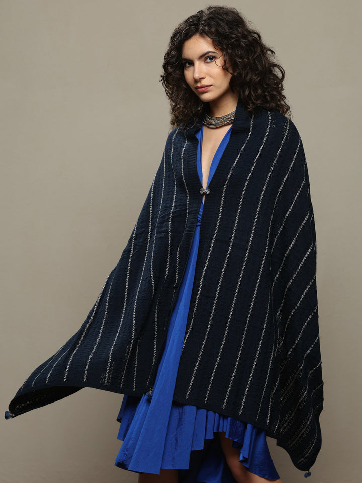 Navy Blue Woven Design Wool Women's Shawl