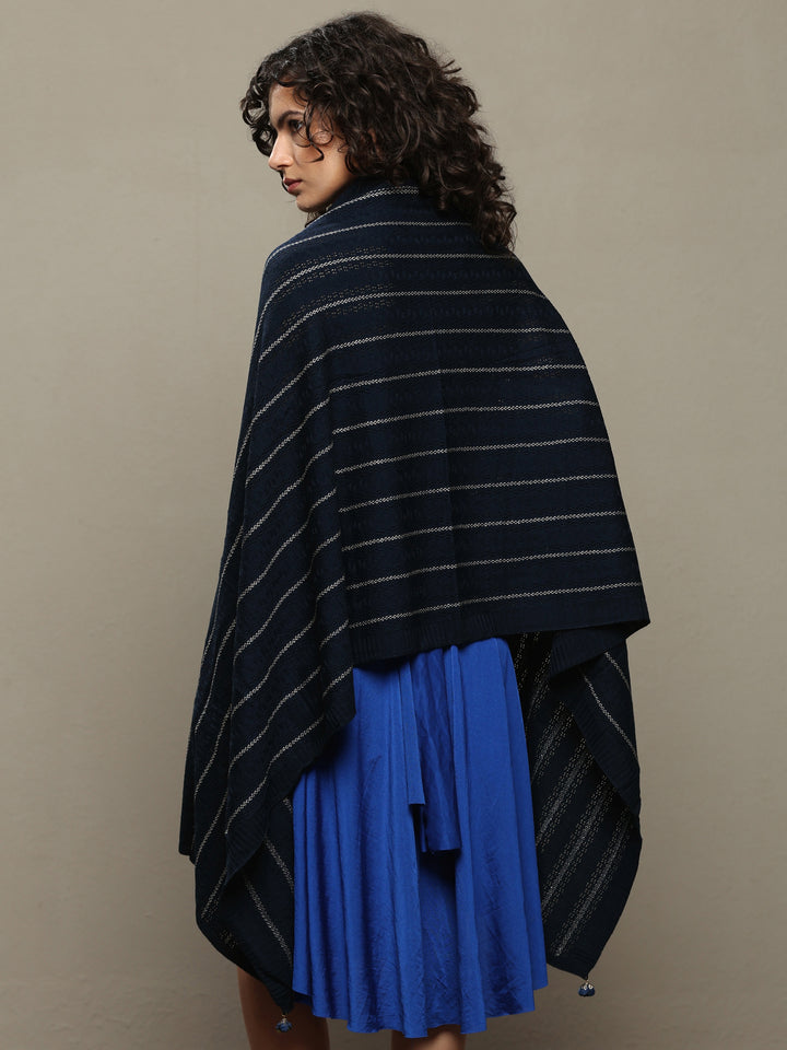 Navy Blue Woven Design Wool Women's Shawl