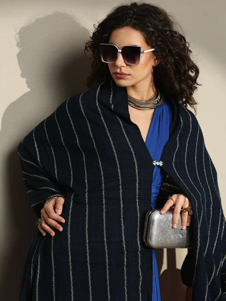 Navy Blue Woven Design Wool Women's Shawl