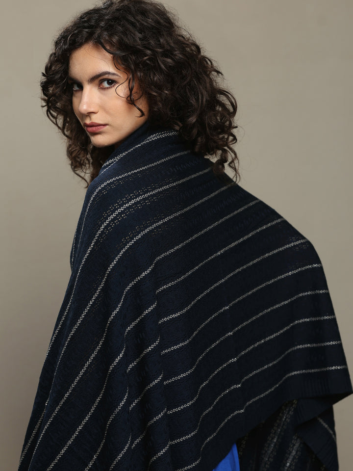 Navy Blue Woven Design Wool Women's Shawl